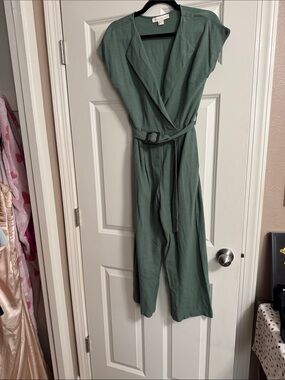 Notched Lapel Sleeveless Jumpsuit with Self-Tie Belt - Sage Green